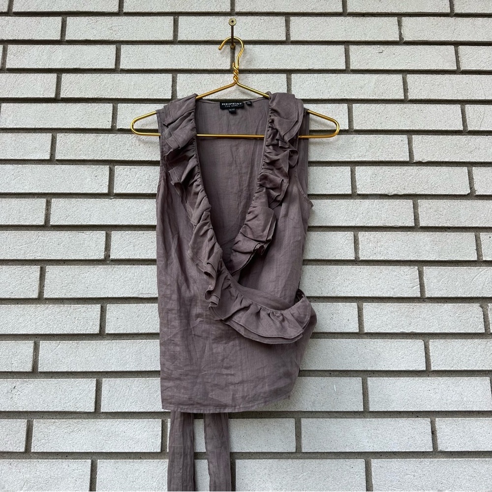 Repeat Ruffle Wrap Sleeveless Top XS Taupe Ramie Tie Waist Blouse Boho Chic